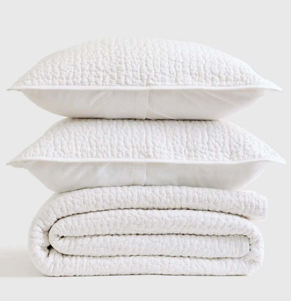New Quince Organic Cotton Hand Stitched Quilt 3Pc Set Full Queen White $174 MSRP